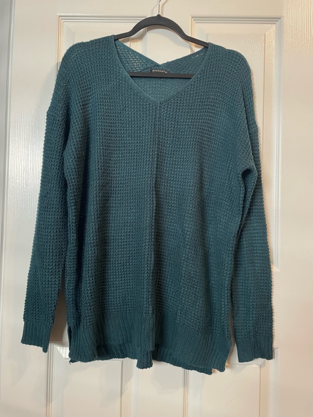 Staccato V-Neck Waffle Knit Sweater - Teal Green